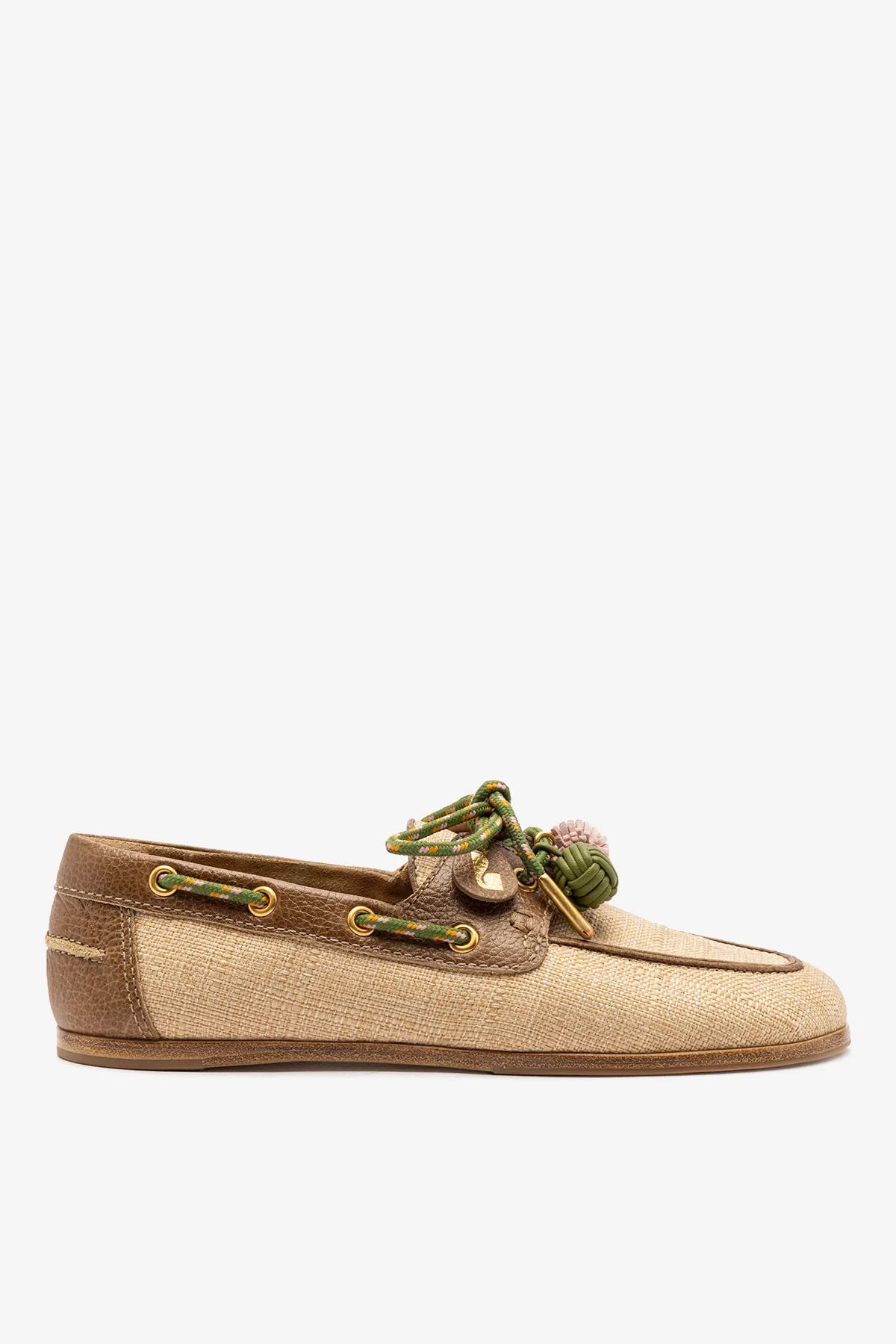 Mocassim Boat Shoe Cyprus Ráfia Bege e Couro Marrom