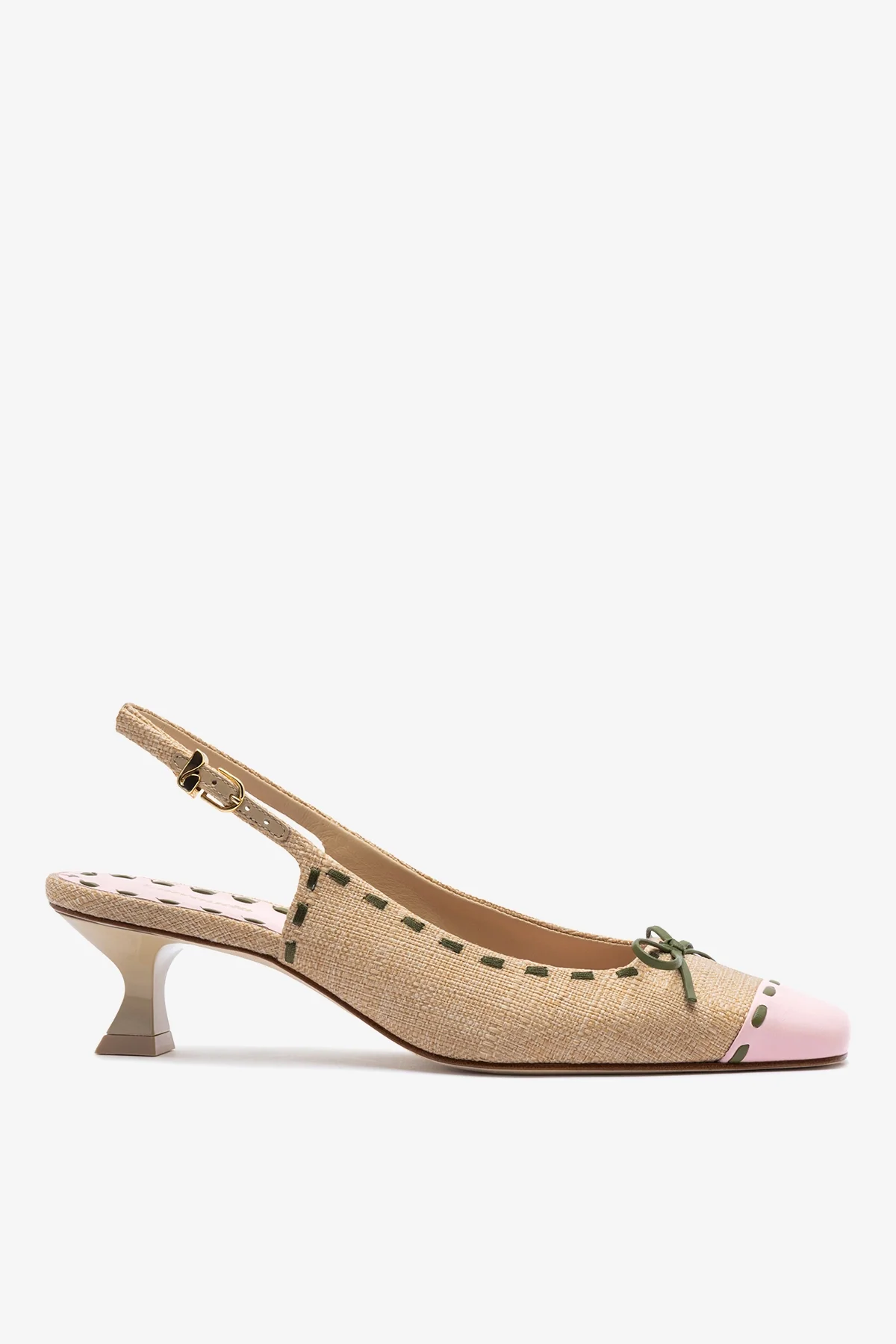 Slingback Jenny Ráfia Bege e Couro Rosa e Verde