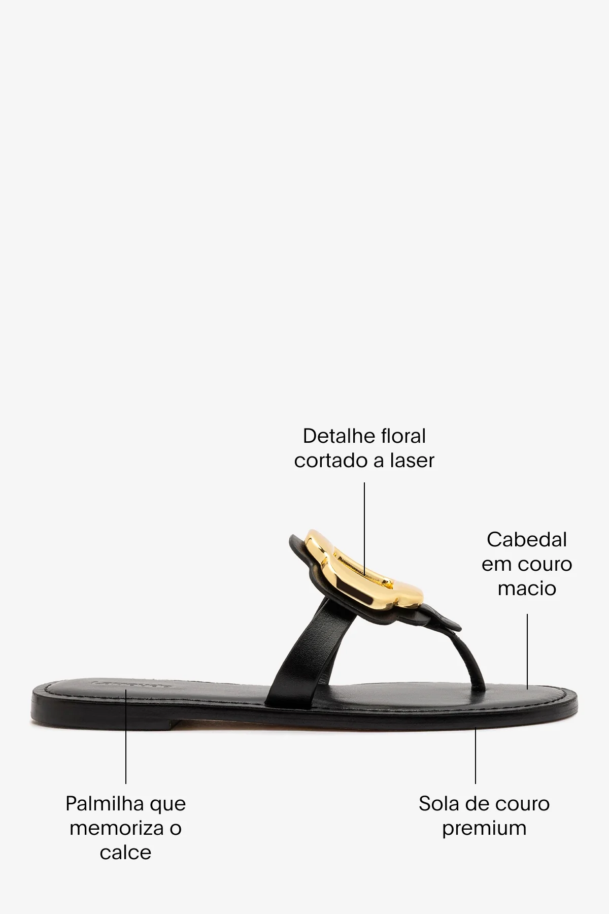 Sandália Flat Margherita Couro Preto e Metal Dourado - Image 5