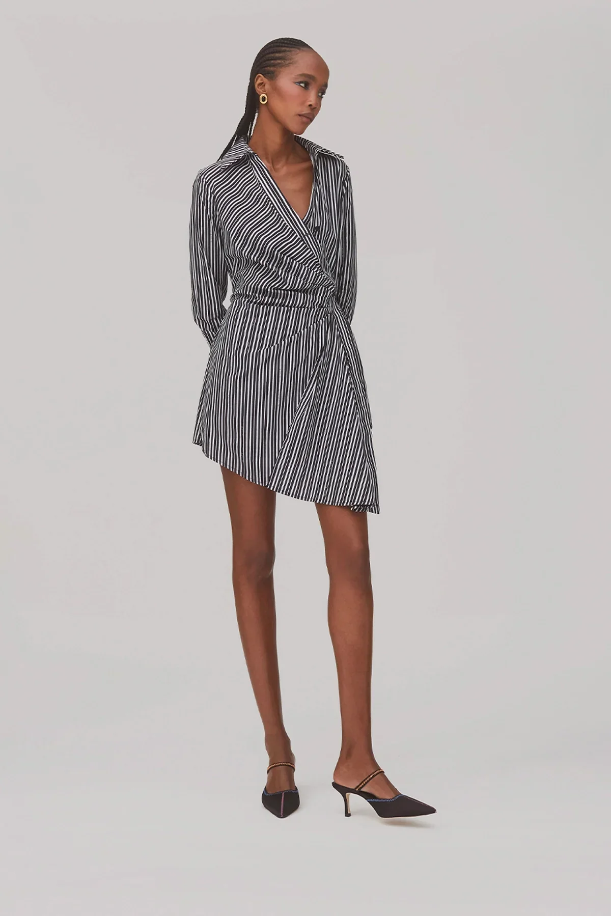 Vestido Transpassado Sashi Algodão Listrado Preto e Branco - Image 2