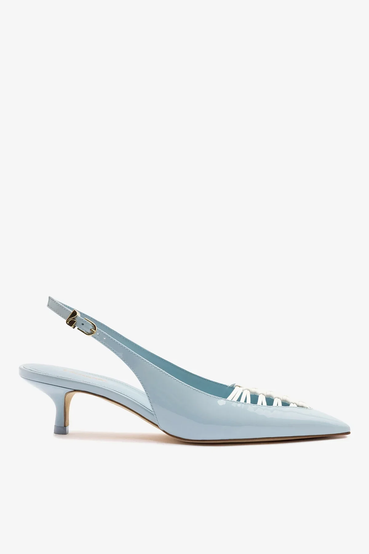 Slingback Nara Couro Verniz Azul e Couro Branco