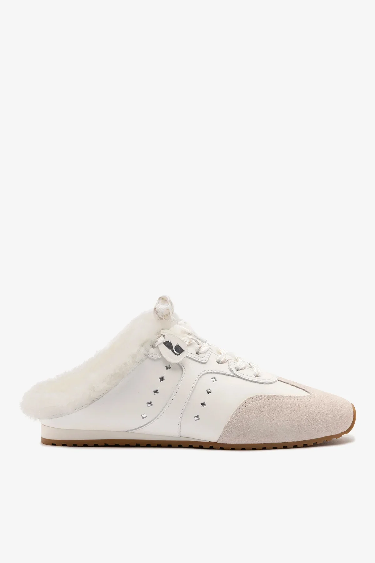 Mule Stella Couro Branco Camurça Cinza e Lã Branco