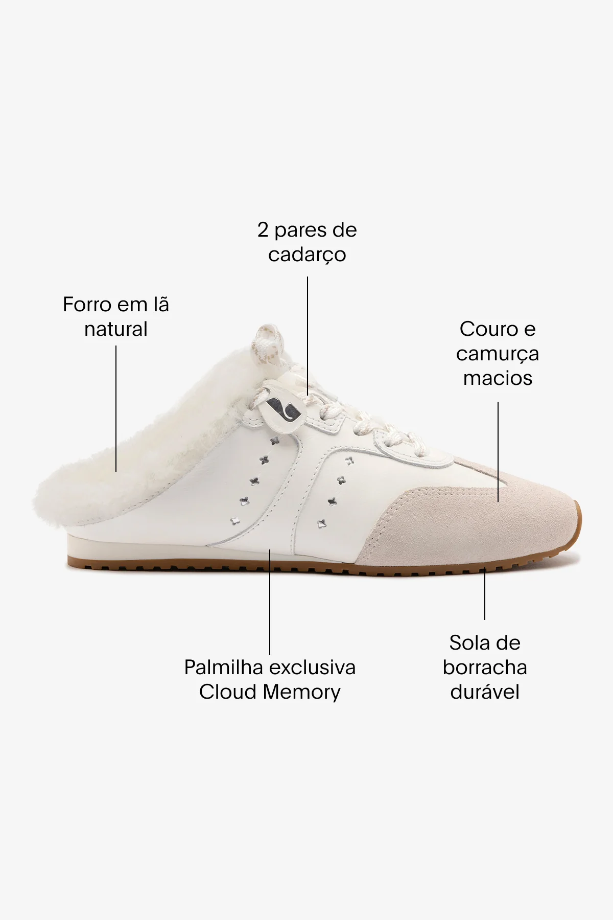 Mule Stella Couro Branco Camurça Cinza e Lã Branco - Image 6