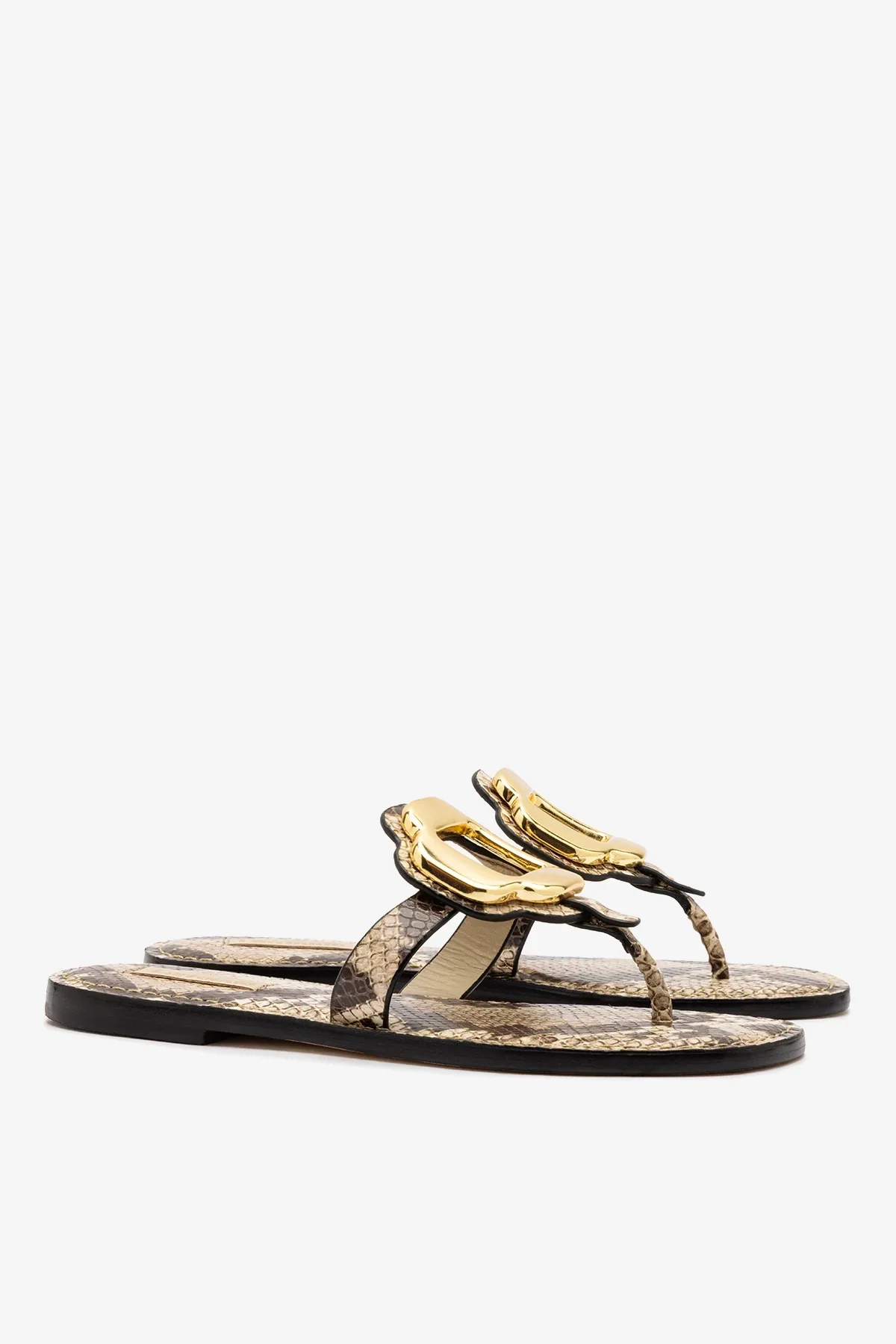 Sandália Flat Margherita Couro Cobra Bege e Metal Dourado - Image 3