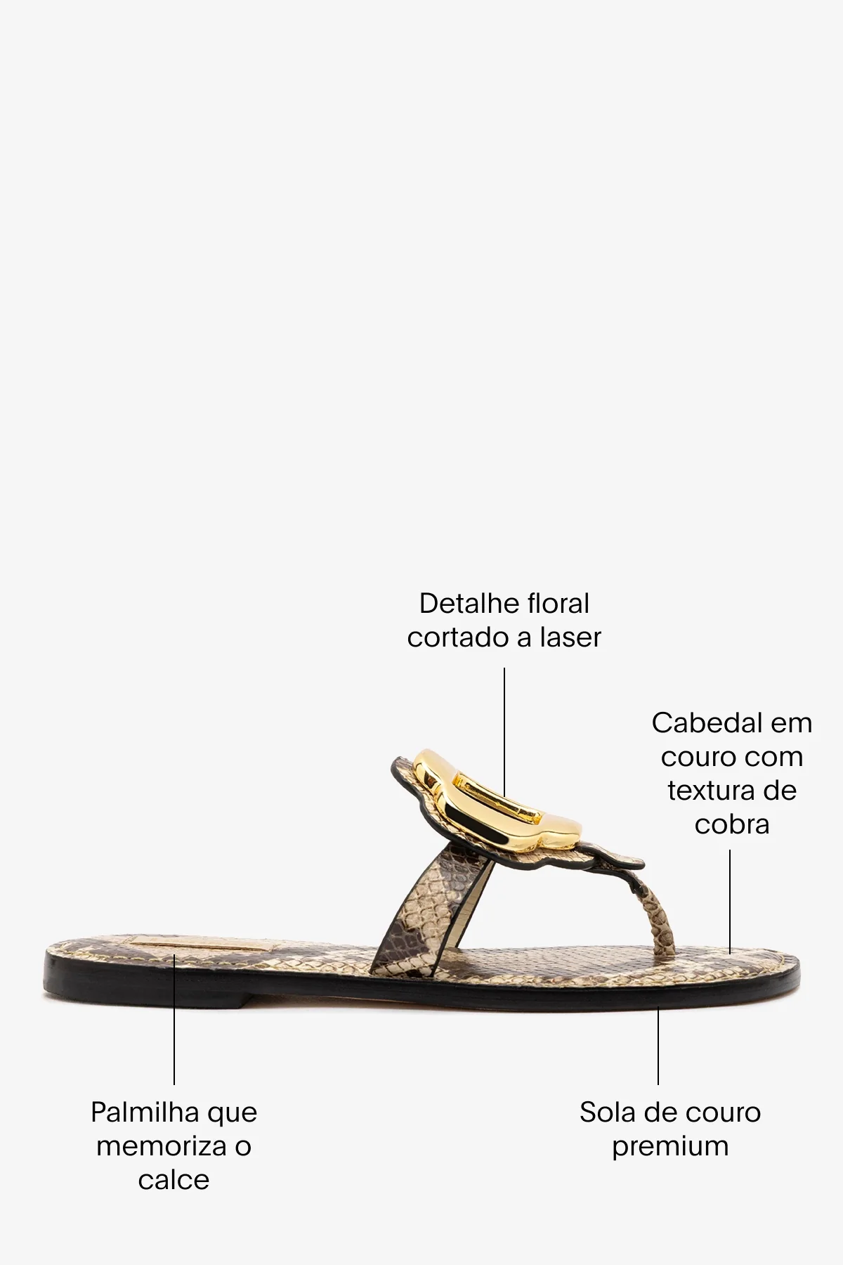 Sandália Flat Margherita Couro Cobra Bege e Metal Dourado - Image 5