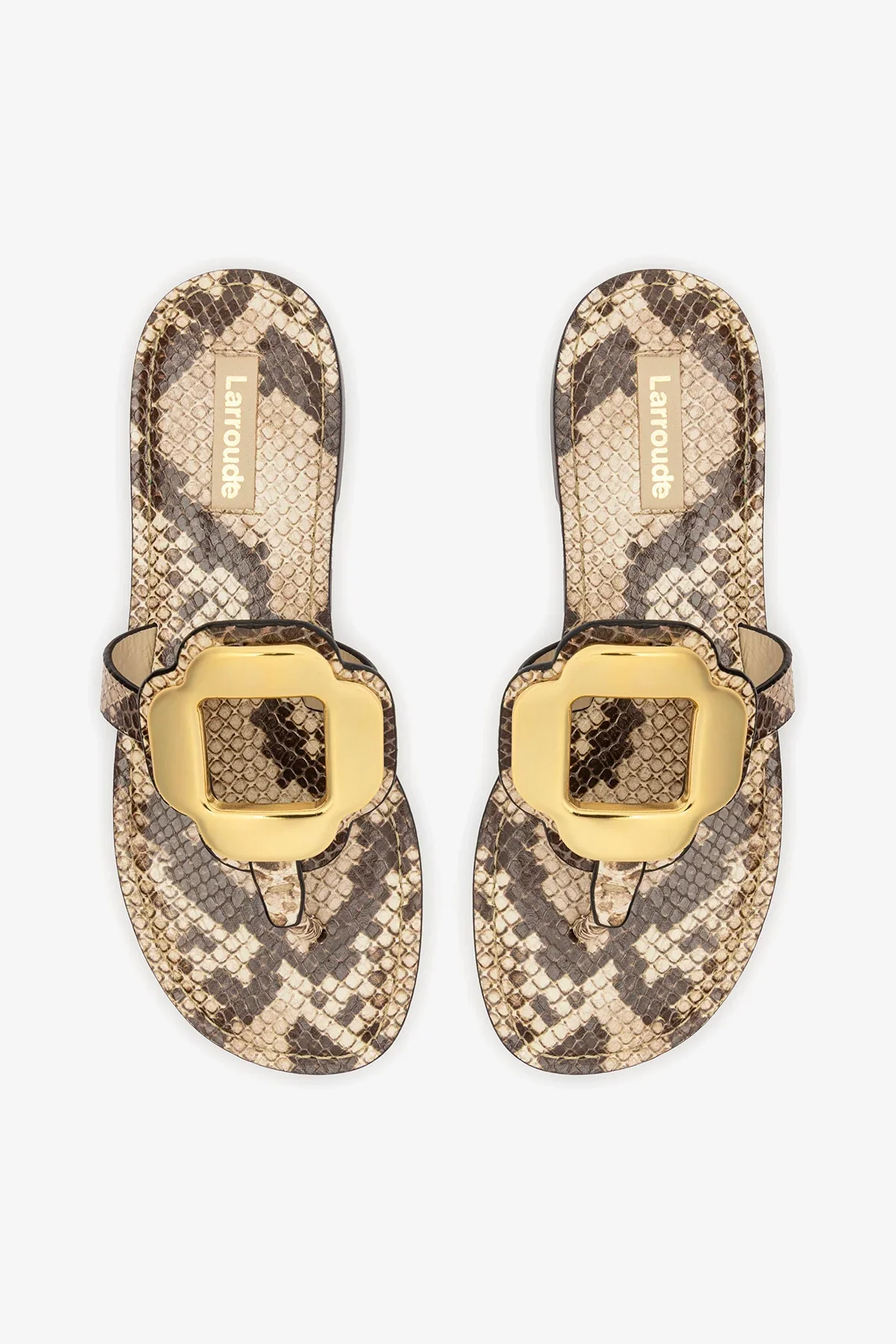 Sandália Flat Margherita Couro Cobra Bege e Metal Dourado - Image 7
