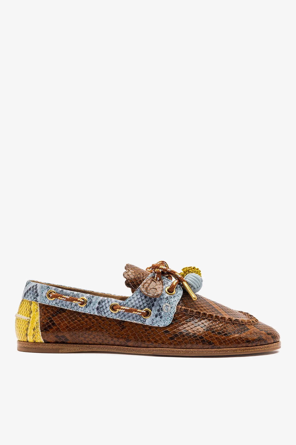 Mocassim Boat Shoe Cyprus Couro Cobra Marrom, Azul e Amarelo