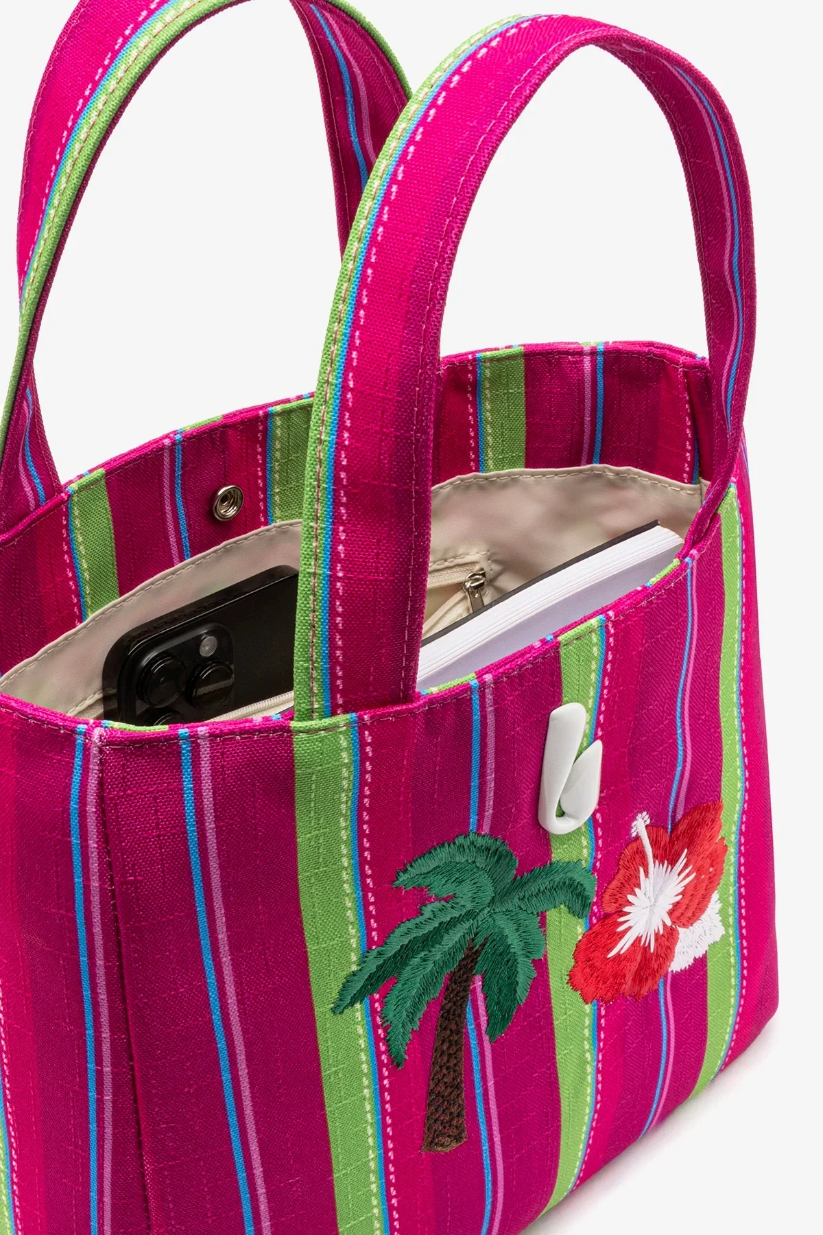Bolsa Tote Bag Poppy Mini Ráfia Listrada Rosa e Verde - Image 2