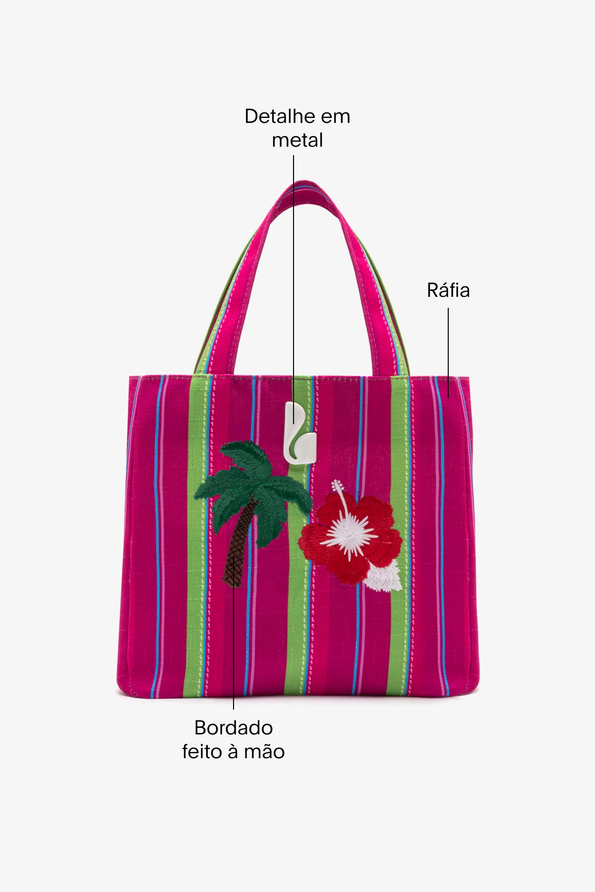 Bolsa Tote Bag Poppy Mini Ráfia Listrada Rosa e Verde - Image 5