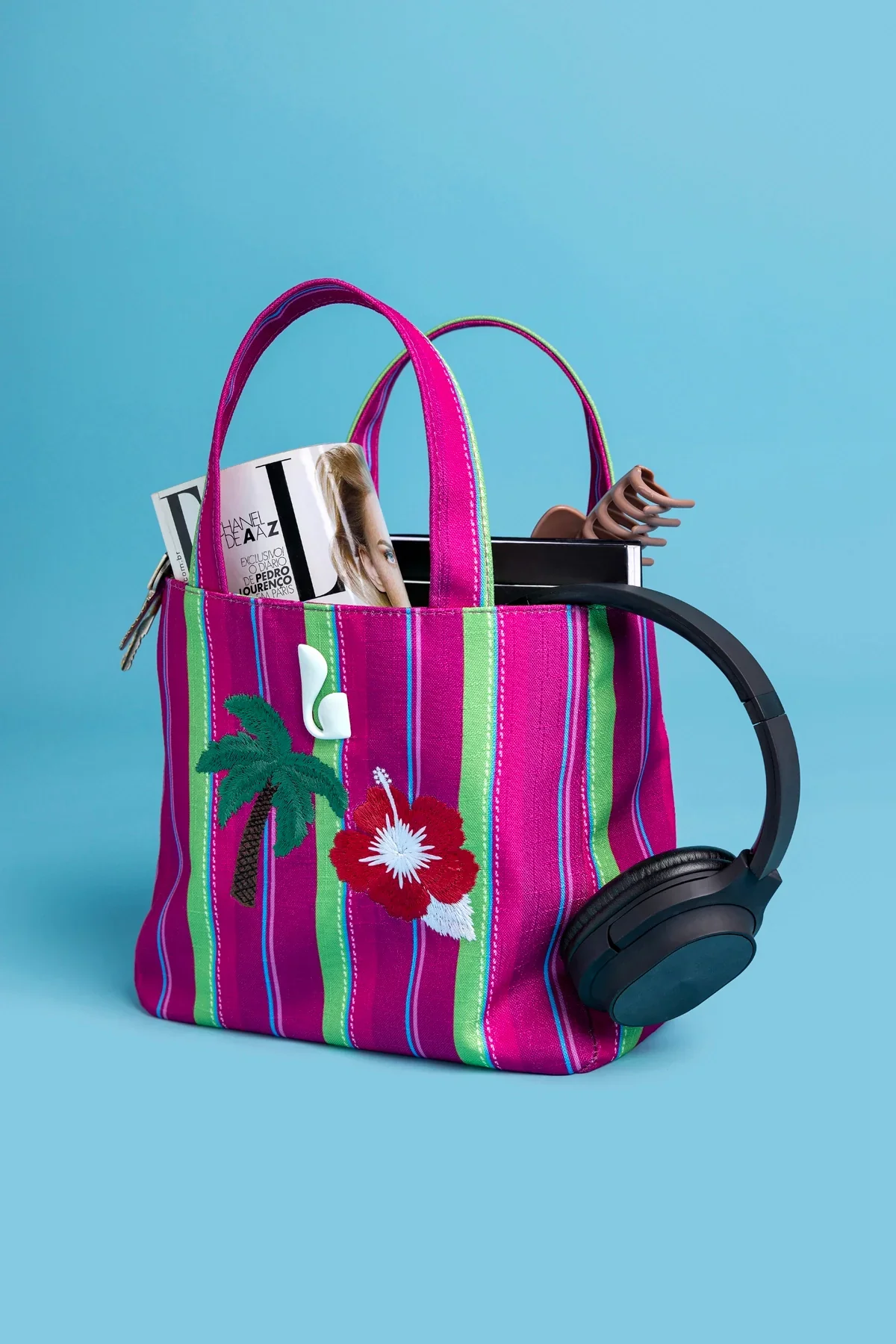 Bolsa Tote Bag Poppy Mini Ráfia Listrada Rosa e Verde - Image 6