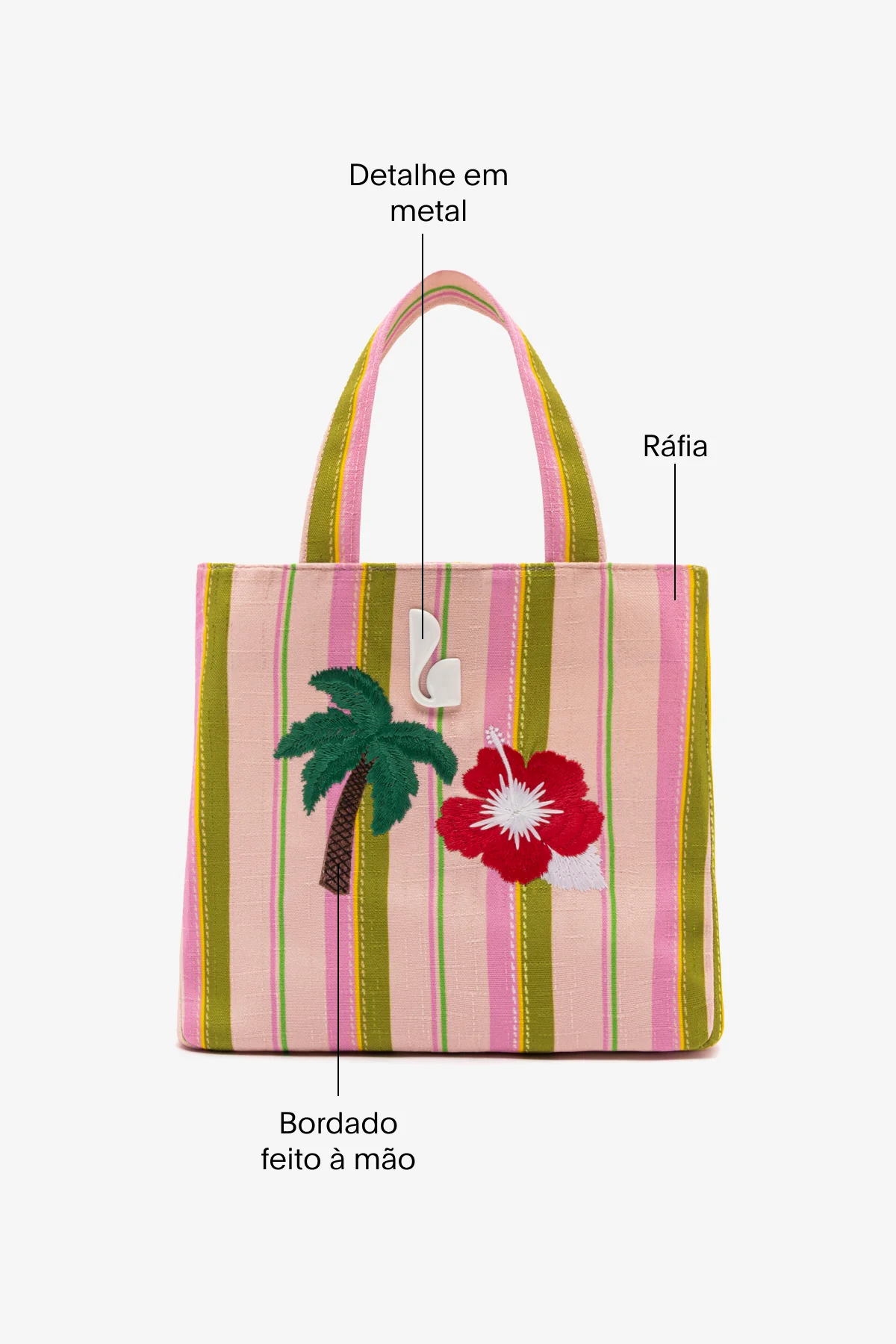 Bolsa Tote Bag Poppy Mini Ráfia Listrada Rosa - Image 6